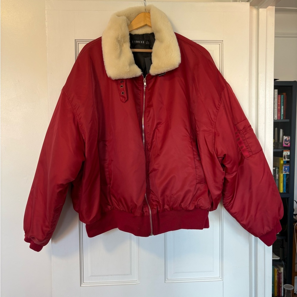 Lioness Red Bomber Jacket with Cream Faux Fur Collar Plus Size